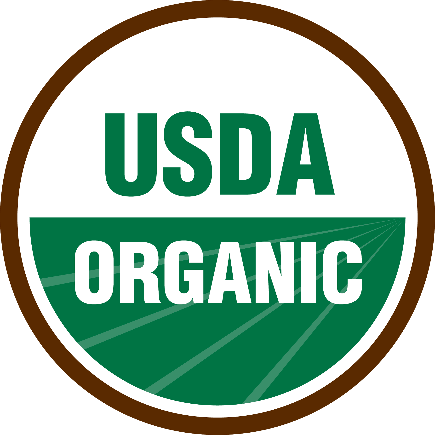 USDA Organic certification logo featuring the text "USDA" in green above "ORGANIC" in bold white letters, set against a green field design with a brown circular border, symbolizing organic farming standards.