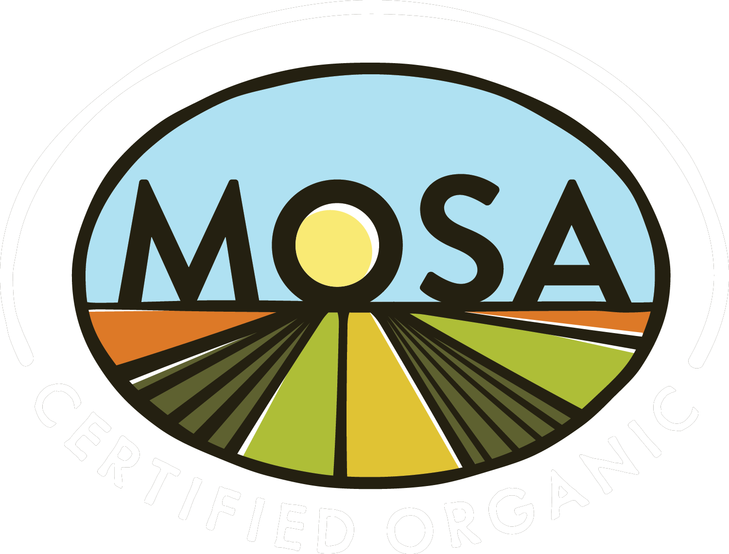 Logo of MOSA (Midwest Organic Services Association) featuring a sun over vibrant fields, symbolizing certified organic farming practices.