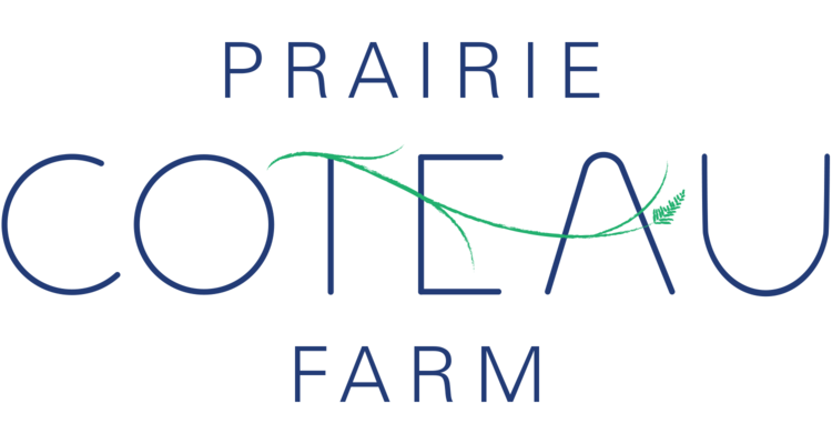 Logo of Prairie Coteau Farm featuring the name in a modern font with green vine accents, representing a sustainable agricultural brand.