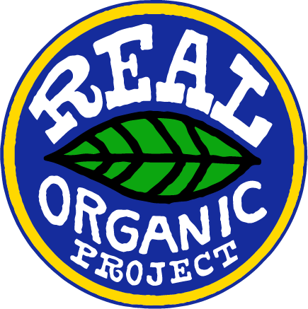 Logo of the Real Organic Project featuring a green leaf and bold text, promoting organic farming practices and sustainability.